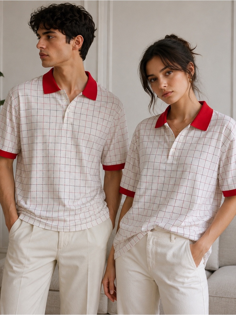 Unisex 100% Silk Check Polo Shirt White/Red/Black Silk Short Sleeve size S/M